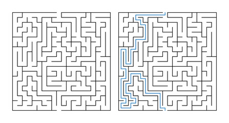 Labyrinth puzzle with solution path illustration for games and activities  