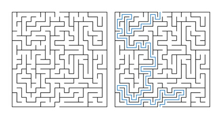 Maze puzzle with solution path illustrated in a simple design  