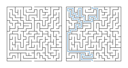 Labyrinth puzzle maze layout with solution paths in blue  