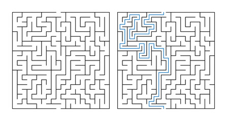 Maze puzzle design with solution path illustrated on two grids  