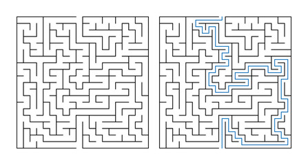 Labyrinth puzzle with solution path in a simple line drawing style  