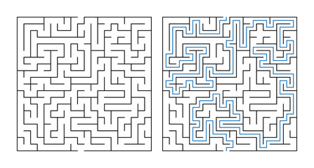 Labyrinth game maze puzzle solution in vector design  