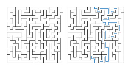 Maze puzzle with solution pathways illustrated in two sections  