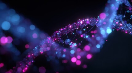 Abstract glowing dna helix with shimmering purple and blue bokeh lights