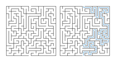 Labyrinth with entry and exit, game maze puzzle with solution  