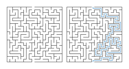 Labyrinth with entry and exit, game maze puzzle with solution  