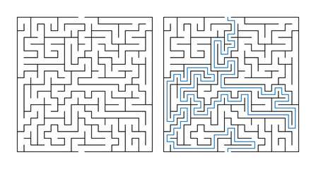 Labyrinth with entry and exit, game maze puzzle with a solution  