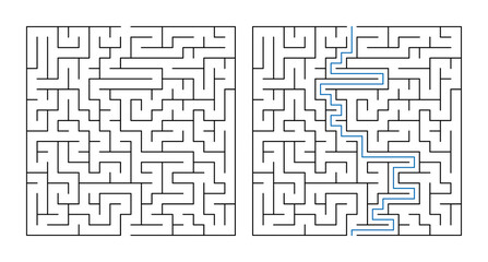 Labyrinth with entry and exit, game maze puzzle with solution  