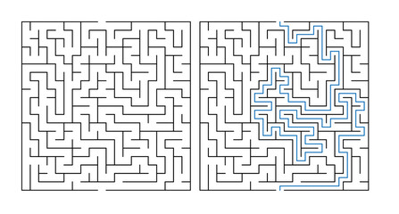Maze puzzle with solution drawn in blue lines on a white background  