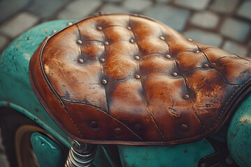 Vintage motorcycle brown leather seat close up texture