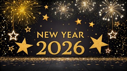 New Year 2026 Golden Glitter Sparkle on Black Background

