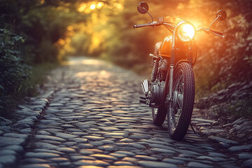 Vintage motorcycle on cobblestone road at sunset travel adventure imagery