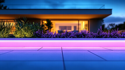 Modern house exterior with pink and purple led lighting at night