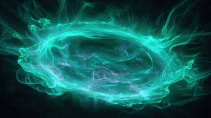Mysterious glowing turquoise energy sphere with wisps of light and smoke