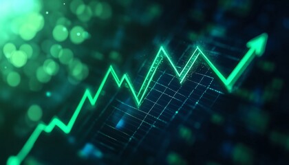 The illustration shows a vibrant green arrow graph trending upwards against a dark background with bokeh effects and grid lines, suggesting growth or progress.