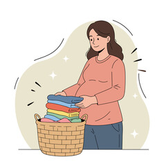 Pregnant woman placing clothes in basket, playful and modern, flat illustration with hand-drawn lines and branding aesthetic