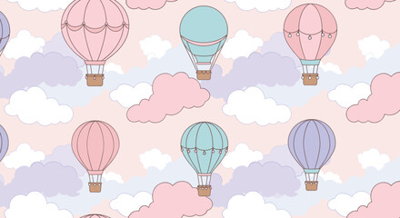 Floating hot air balloons over cotton-candy clouds, dreamy and whimsical, vector pattern with soft pastel palette and clean outlines