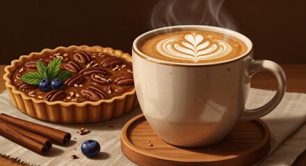 Pecan tart in warm golden light, cozy and inviting, digital painting with earthy tones and creamy textures