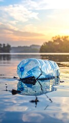 Plastic bottle adrift on still water, sunset backdrop