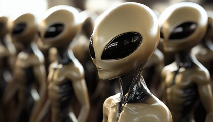 The image shows several grey aliens, with one in focus in the foreground, the others blurred in the background.