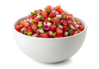 White bowl of fresh pico de gallo salsa chopped tomatoes