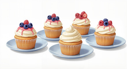 Cupcakes on pale blue plates with ivory cream and golden crust, soft pastel and glossy highlights, digital illustration with subtle watercolor effects