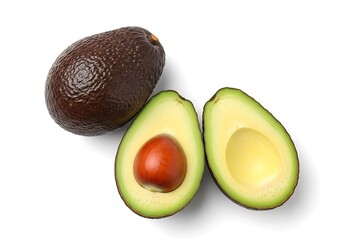 Whole and halved avocado with pit on white background 1