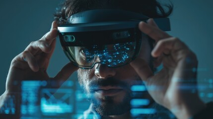 Man using augmented reality headset with digital holograms, futuristic technology and innovation concept