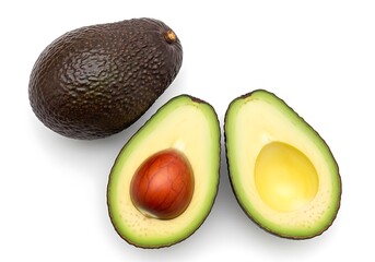 Whole and halved avocado with pit on white background