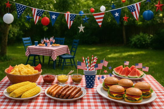 Celebrating fourth of july with outdoor picnic food - Powered by Adobe