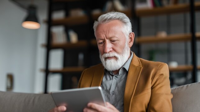 Elderly man with beard using digital tablet indoors, concept of active senior and modern technology
