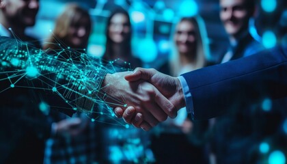 Two businesspeople shake hands, a digital network connecting their arms; blurred colleagues form the background