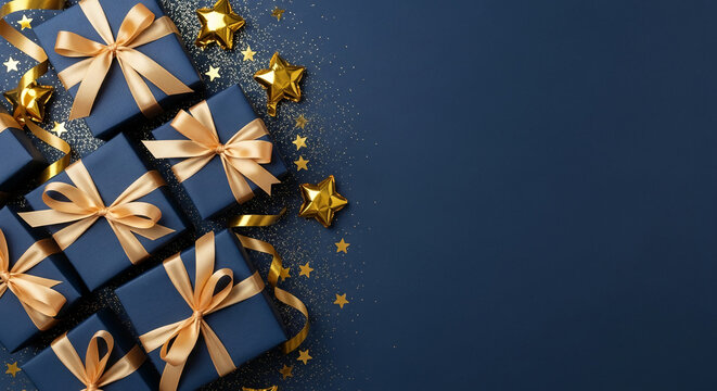 Navy blue gift boxes with gold ribbons and stars on dark blue background, showcasing festive elegance and celebration, perfect for holiday greetings or luxury branding - Powered by Adobe