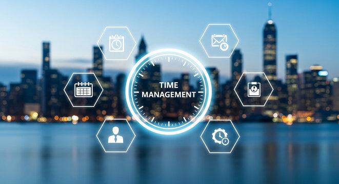 Night cityscape backdrop with glowing clock and icons symbolizing time management, showcasing efficiency and productivity in business