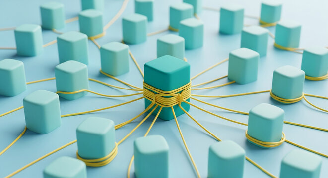 Teal cubes connected by yellow cords on blue background, showcasing network concept, symbolizing connection, communication, and teamwork