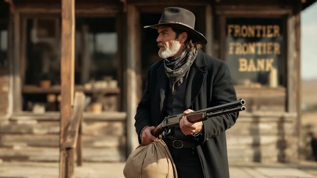 A Western outlaw, armed with a rifle and carrying a bag at a frontier bank