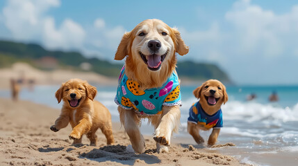 Golden retriever with puppies in vaccation 