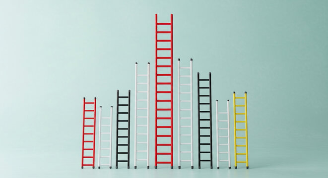 Several colorful ladders of varying heights against a light-blue background, symbolizing career progression, growth, and different paths to success