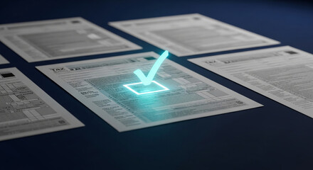 Tax form with glowing checkmark, symbolizing successful tax filing or financial planning, conveying efficiency and accuracy