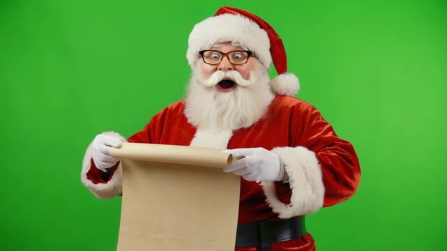 Santa claus with glasses reading a scroll with a surprised expression on a green screen background christmas green screen video
