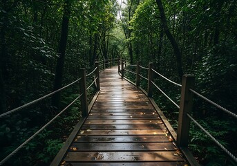 Wooden boardwalk path through a lush green forest with sunlight filtering through the trees, creating a serene and inviting natural scene
