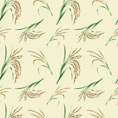 Seamless pattern with rice stalks. Hand-drawn watercolor illustration. Design element for labels, menus, recipes, and cookbooks. For banners, flyers, packaging, and more.
