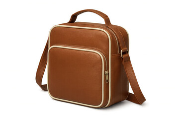 Brown leather vintage messenger bag over shoulder with white trim, retro fashion accessory on transparent background