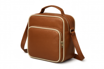 Brown leather vintage messenger bag over shoulder with white trim, retro fashion accessory on transparent background