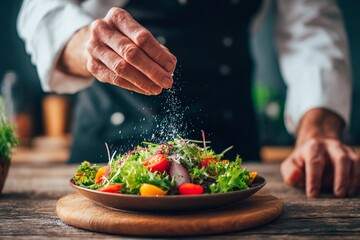 A chef is adding salt to a vibrant salad filled with various fresh vegetables, showcasing skillful preparation in a warm kitchen atmosphere during the day