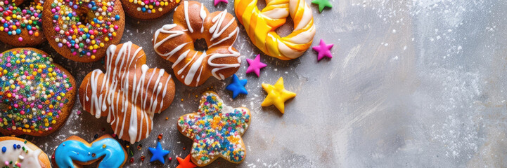 Colorful donuts decorated with sprinkles and icing, arranged on a light surface. Festive stars add a playful touch, celebrating Hanukkah, horizontal banner, copy space, free space for text