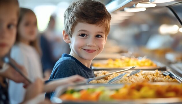 A smiling elementary school aged boy selects his lunch from a buffet style serving line with other children.