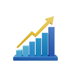 Blue bar graph with yellow upward arrow isolated on a transparent background