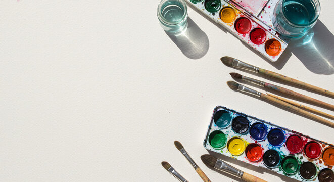 Art Supplies Flat Lay: Vibrant watercolor palette and brushes on a blank canvas - Powered by Adobe