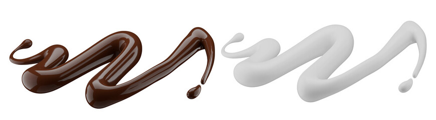 Milk and chocolate splash. Milkshake and melted brown choco isolated on white background. 3d render.